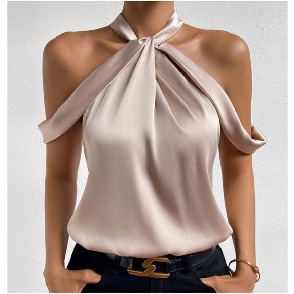 Tops - 038 Luxe Cold Shoulder Keyhole Back Satin Top